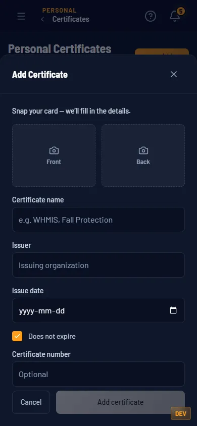 Add Certificate on a phone: snap your card, front and back, and the details fill in.