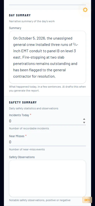 A Daily Report on a phone: the Day Summary written by AI from the log book, three runs of conduit to panel B, fire-stopping outstanding.