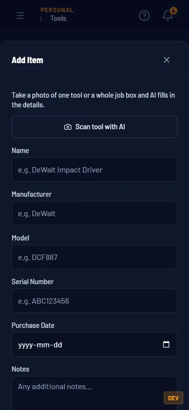 Add Item on a phone with a Scan tool with AI button above the name, manufacturer, model and serial fields.