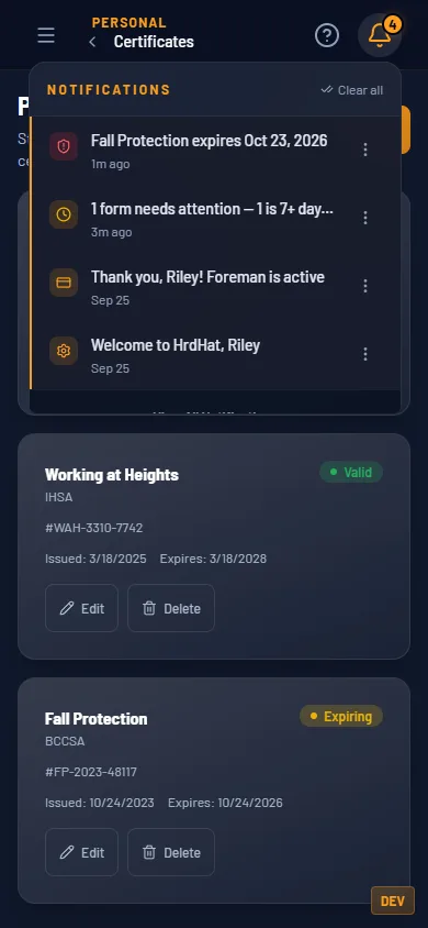 The notifications panel on a phone with Fall Protection expires Oct 23, 2026 at the top.