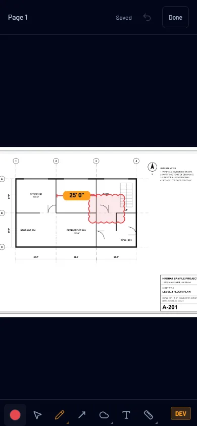 The A-201 sheet in markup mode on a phone: the cloud and measurement with the toolbar underneath.