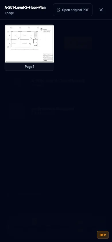 The A-201 drawing set open on a phone with its sheet thumbnail.