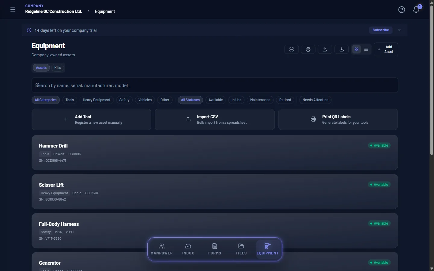 HrdHat company Equipment register — categorized assets with status.