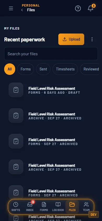 My Files on a phone: recent paperwork and the folders.