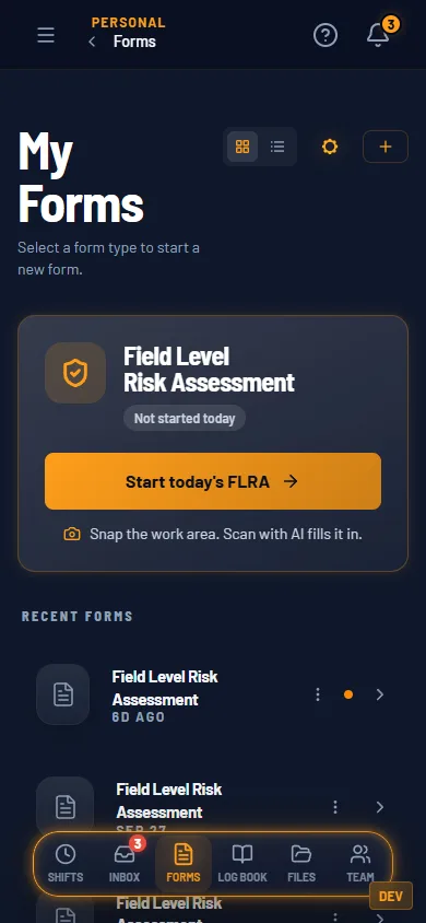 My Forms on a phone with Start today’s FLRA and the recent forms.