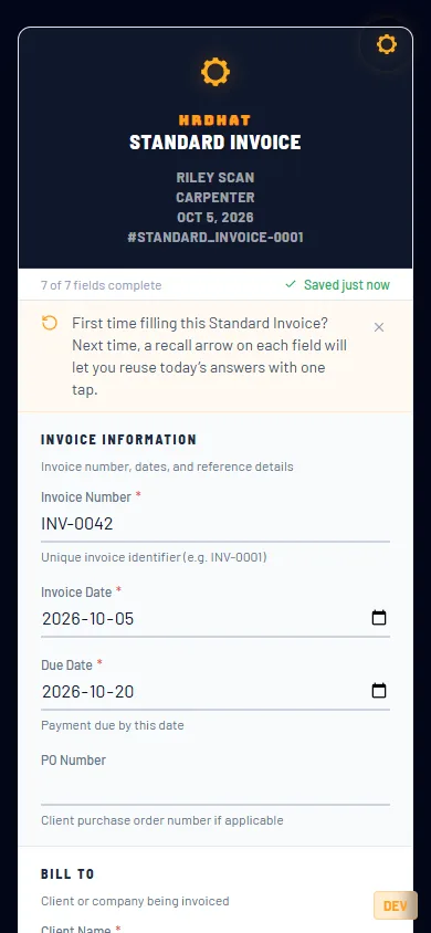A Standard Invoice on a phone: the header, invoice number, dates and the recall hint.