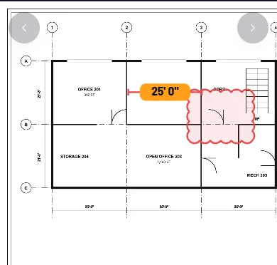 A floor plan open on a phone with a red cloud around a door and an amber 25 foot measurement.