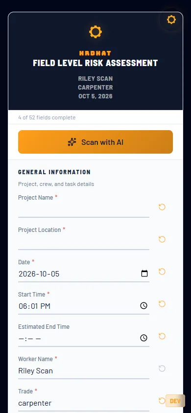 A Field Level Risk Assessment on a phone with the Scan with AI bar at the top of the form.