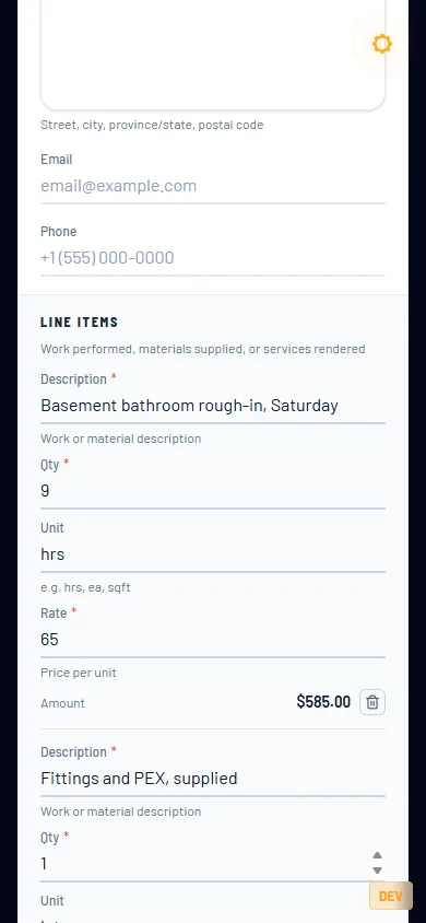 A Standard Invoice on a phone: line items with quantity, unit, rate and amount.