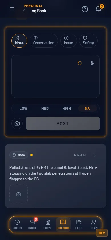 My Log Book on a phone with a posted Note about conduit runs and open fire-stopping.
