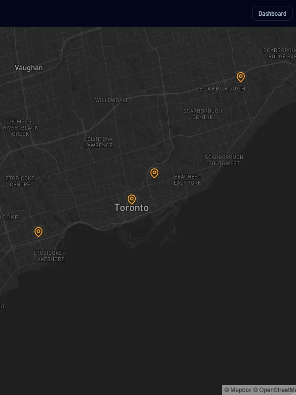 The HrdHat Network map with company pins around Toronto.