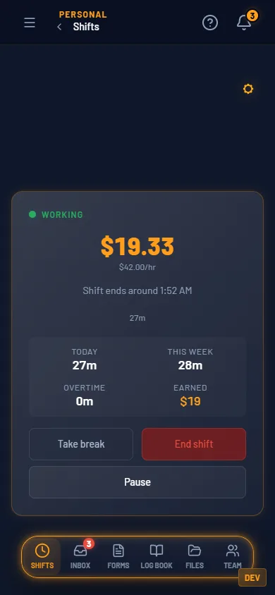 Shift Tracker on a phone with a shift running: earnings so far, $42.00 an hour, today, this week, overtime, earned.