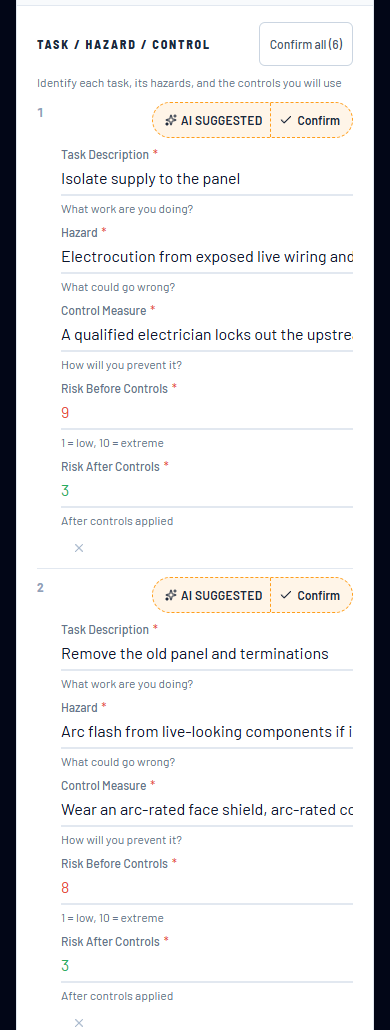 AI-suggested task, hazard and control rows